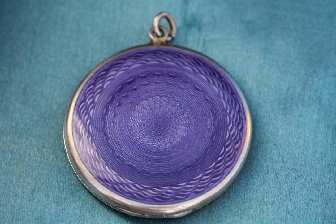 Antique Art Deco Sterling Silver Purple Guilloche Enamel Locket