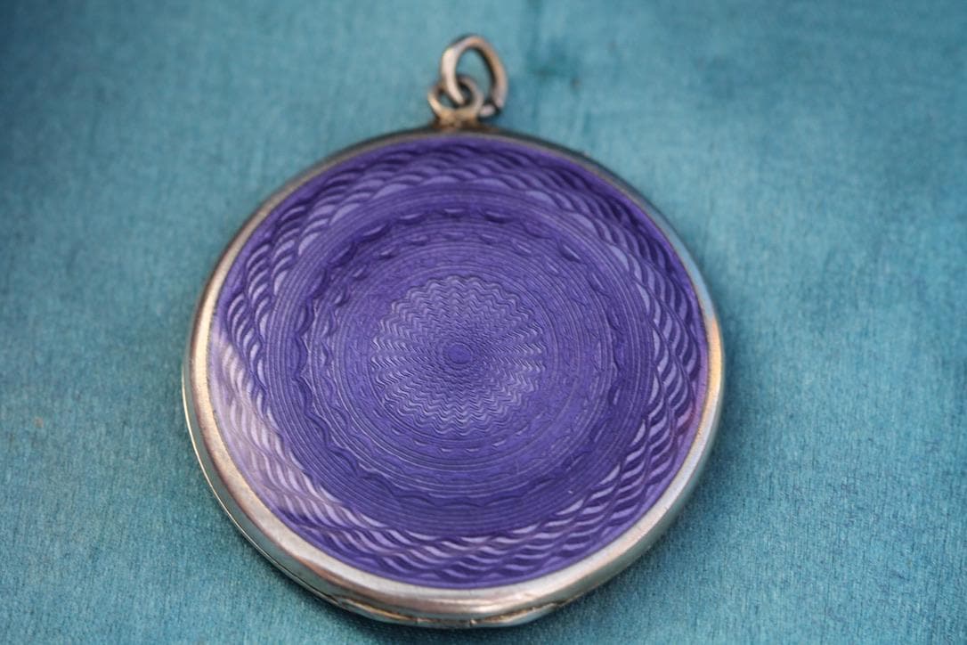 Antique Art Deco Sterling Silver Purple Guilloche Enamel Locket