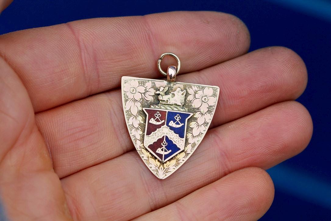 Antique 9ct Gold Shield Enamel Chased Boar Pendant