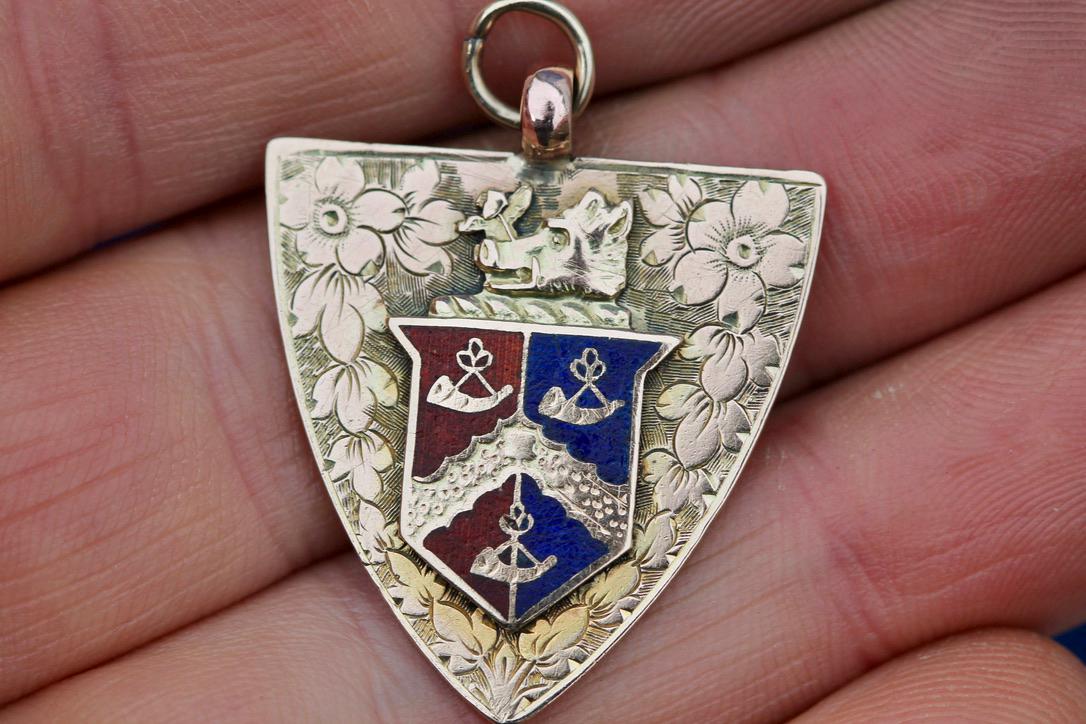 Antique 9ct Gold Shield Enamel Chased Boar Pendant