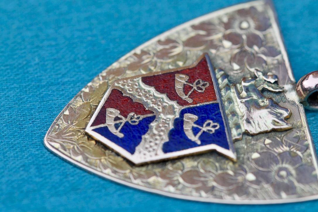 Antique 9ct Gold Shield Enamel Chased Boar Pendant