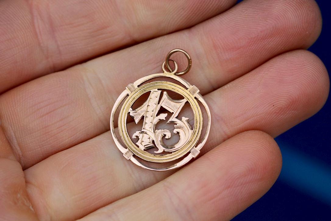 Vintage 18ct Gold Egyptian Lucky 13 Pendant, 1945
