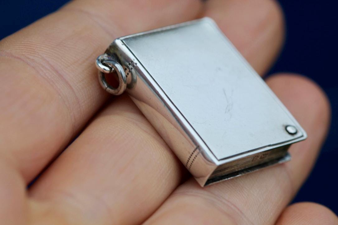 Antique Sterling Silver Book Shaped Pendant Stamp Case, 1903