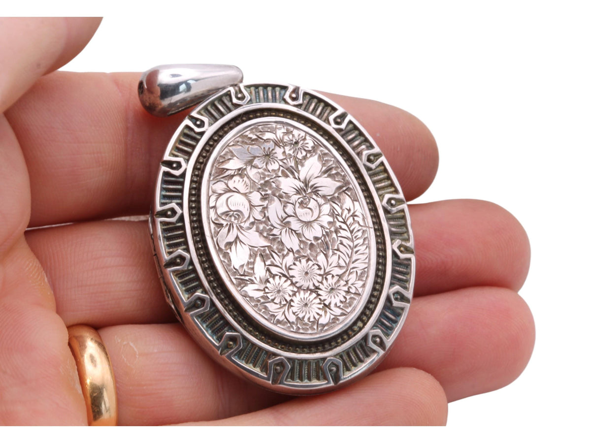 Antique Sterling Silver Floral Chased Locket, 1876