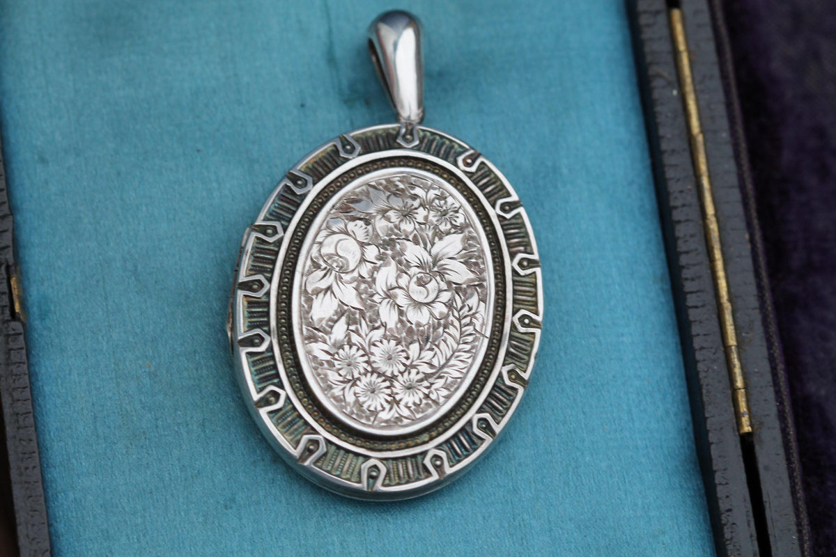 Antique Sterling Silver Floral Chased Locket, 1876