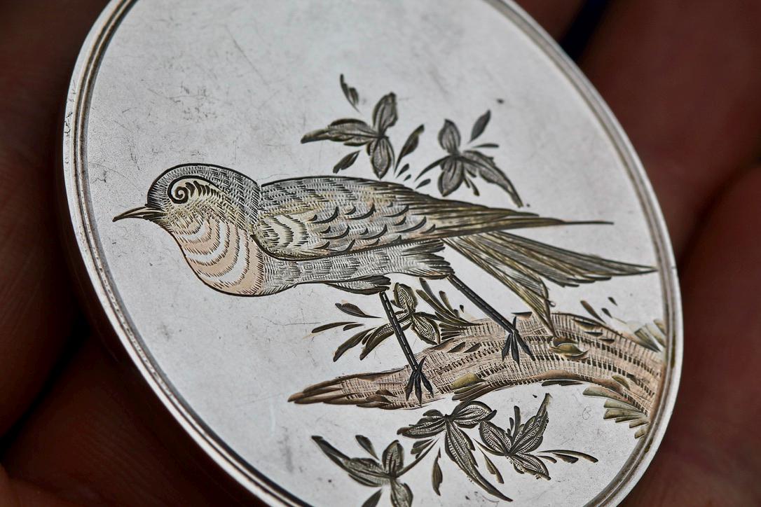 Antique Sterling Silver 3 Colour Gold Robin Locket, c.1880