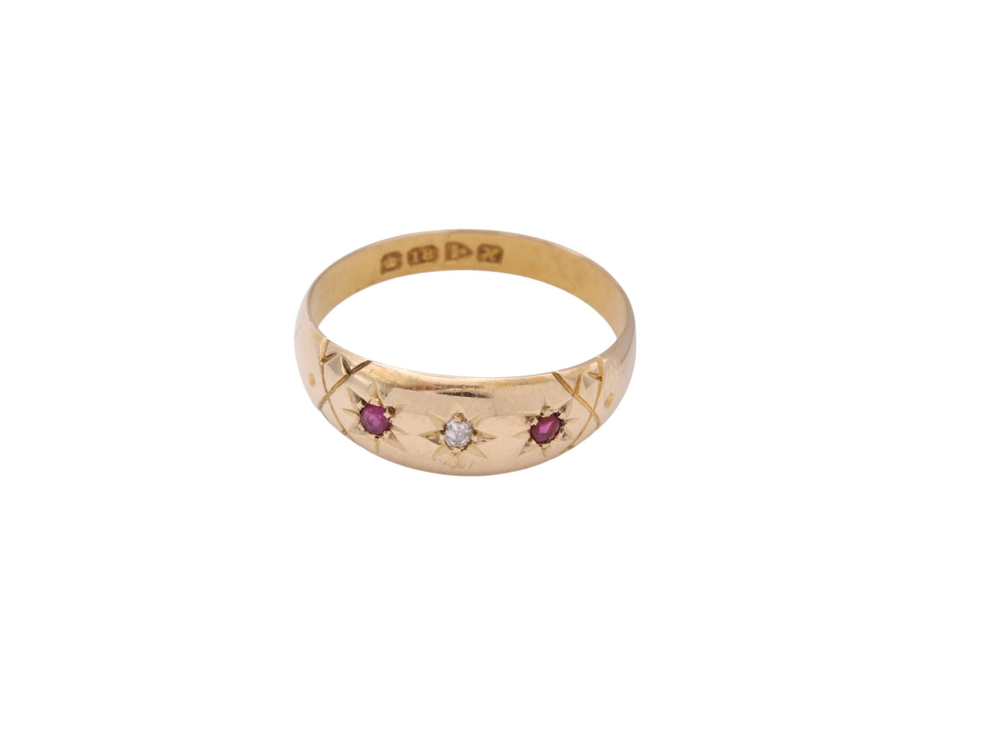 Antique 18ct Gold Diamond Ruby Gypsy Set Ring, 1908