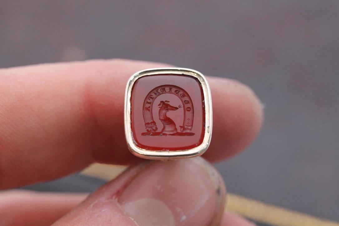 Antique 9ct Rolled Gold Intaglio "Obedience" Greyhound Seal Pendant