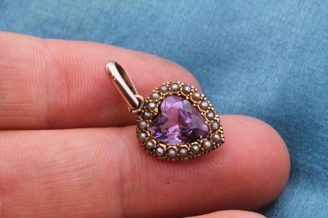 Antique 9ct Gold Amethyst Heart Pearl Pendant, 1.2ct