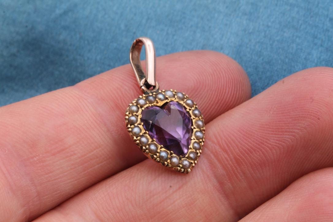 Antique 9ct Gold Amethyst Heart Pearl Pendant, 1.2ct