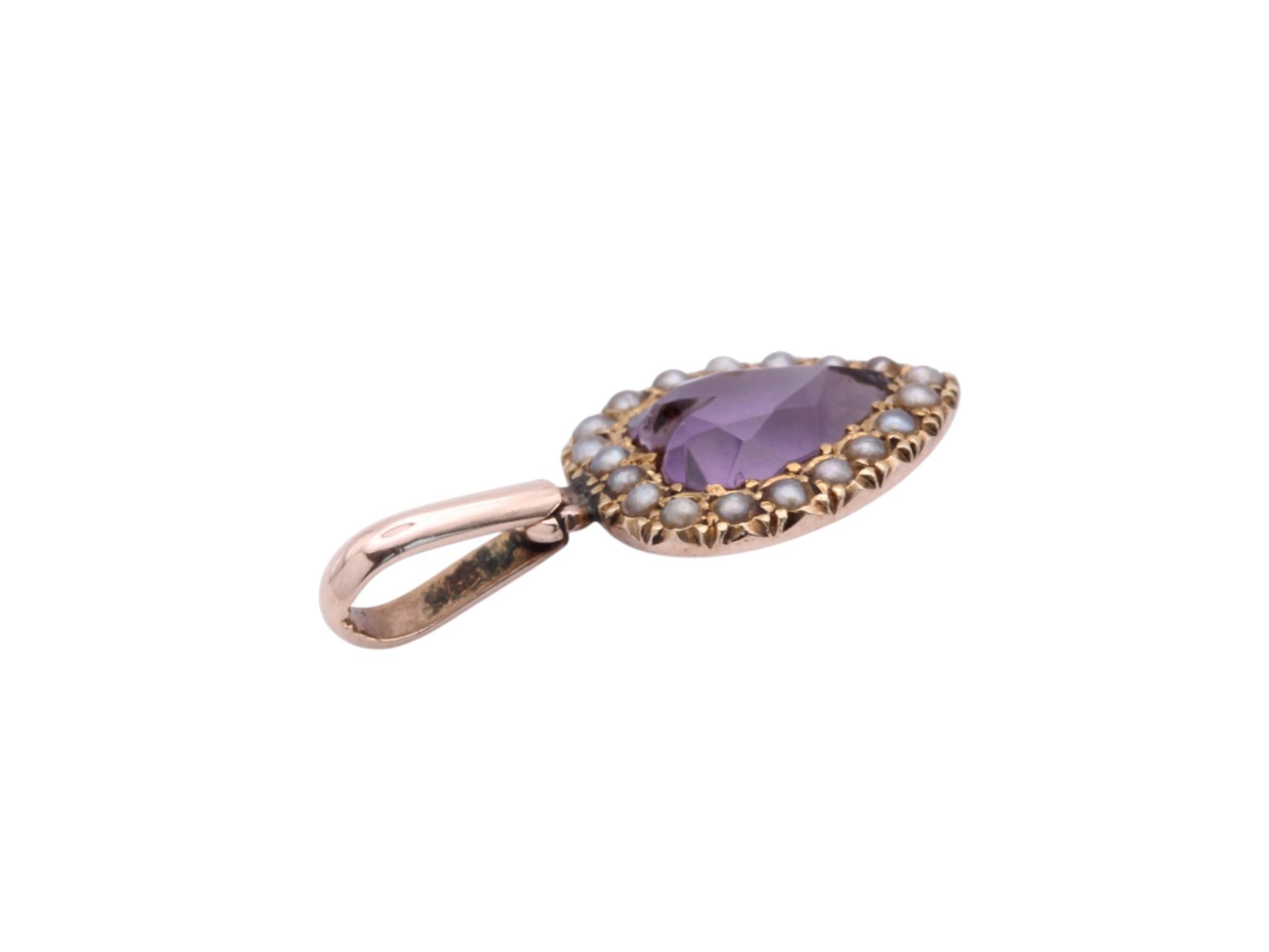 Antique-9ct-Gold-Amethyst-Heart-Pearl-Pendant,-1.2ct