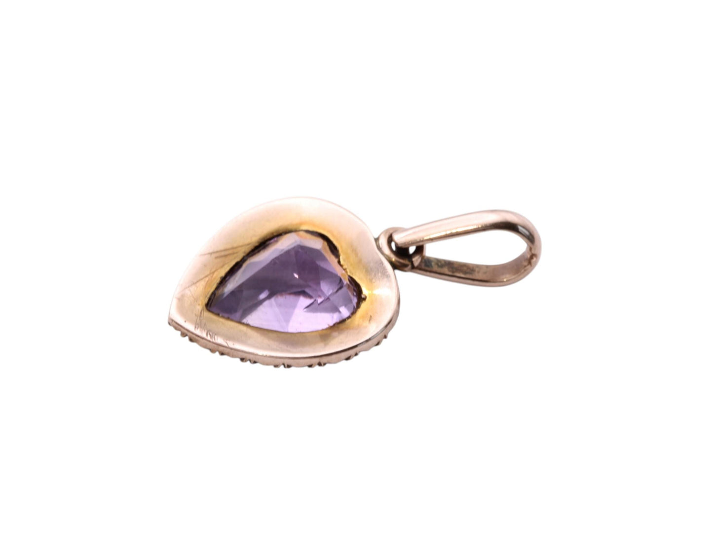 Antique 9ct Gold Amethyst Heart Pearl Pendant, 1.2ct