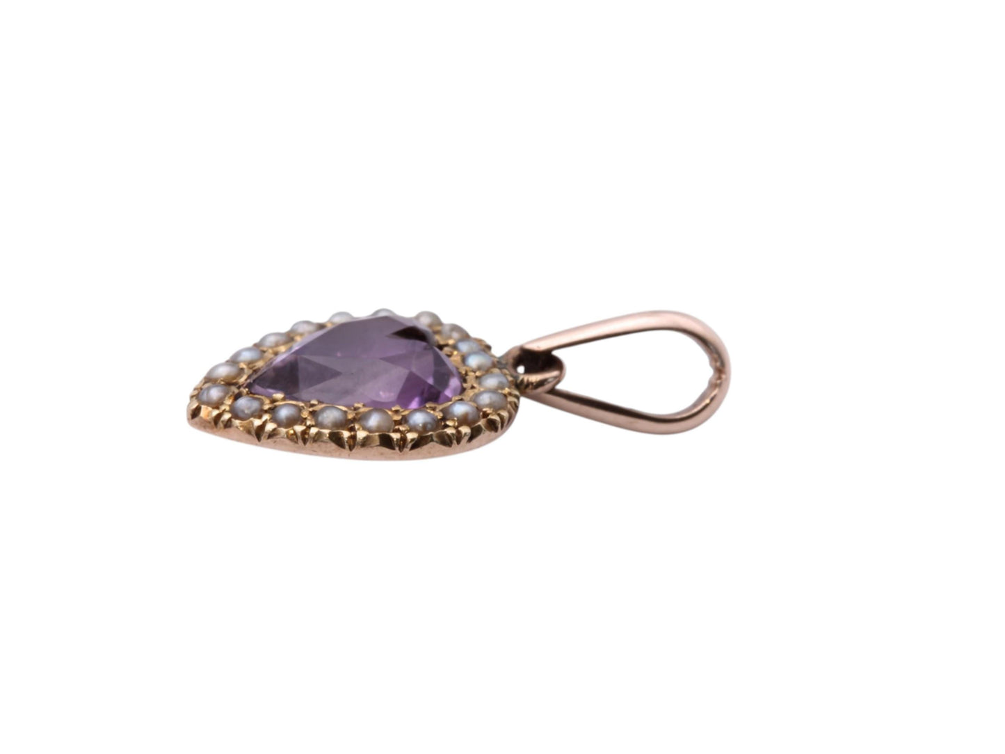 Antique 9ct Gold Amethyst Heart Pearl Pendant, 1.2ct