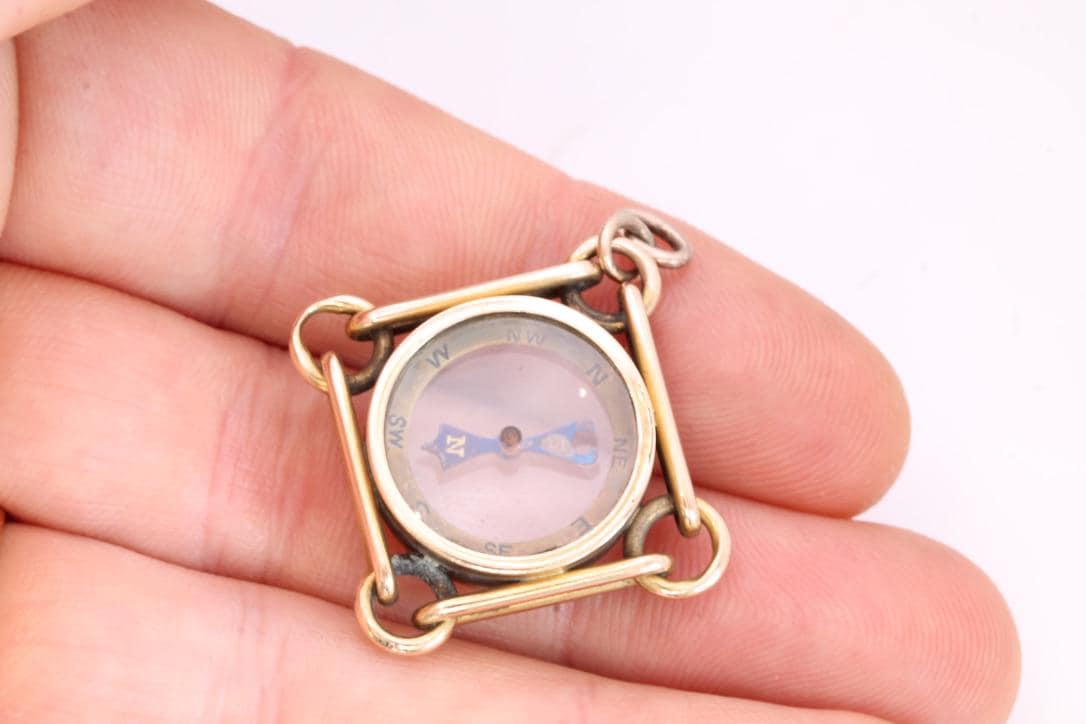Antique 9ct Gold Trombone Link Compass Pendant, c.1890