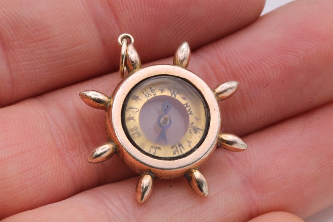 Antique 9ct Gold Ships Wheel Compass Pendant
