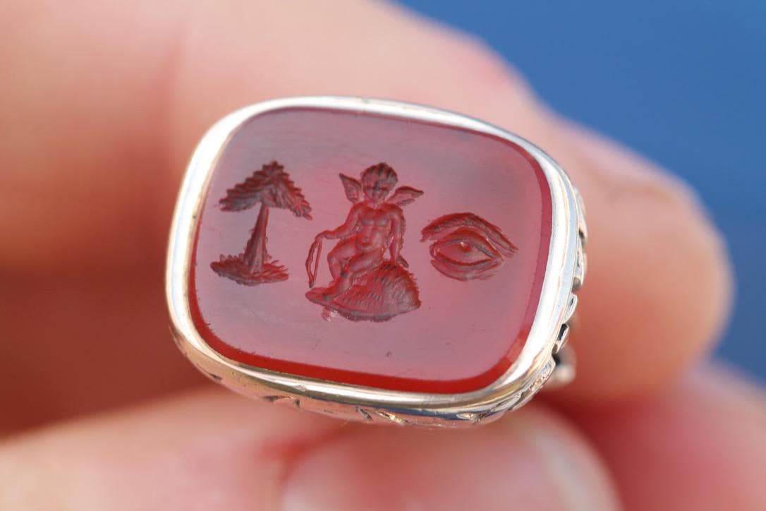 Antique Georgian 9ct Gold Carnelian Rebus Intaglio Seal, “I Love You”