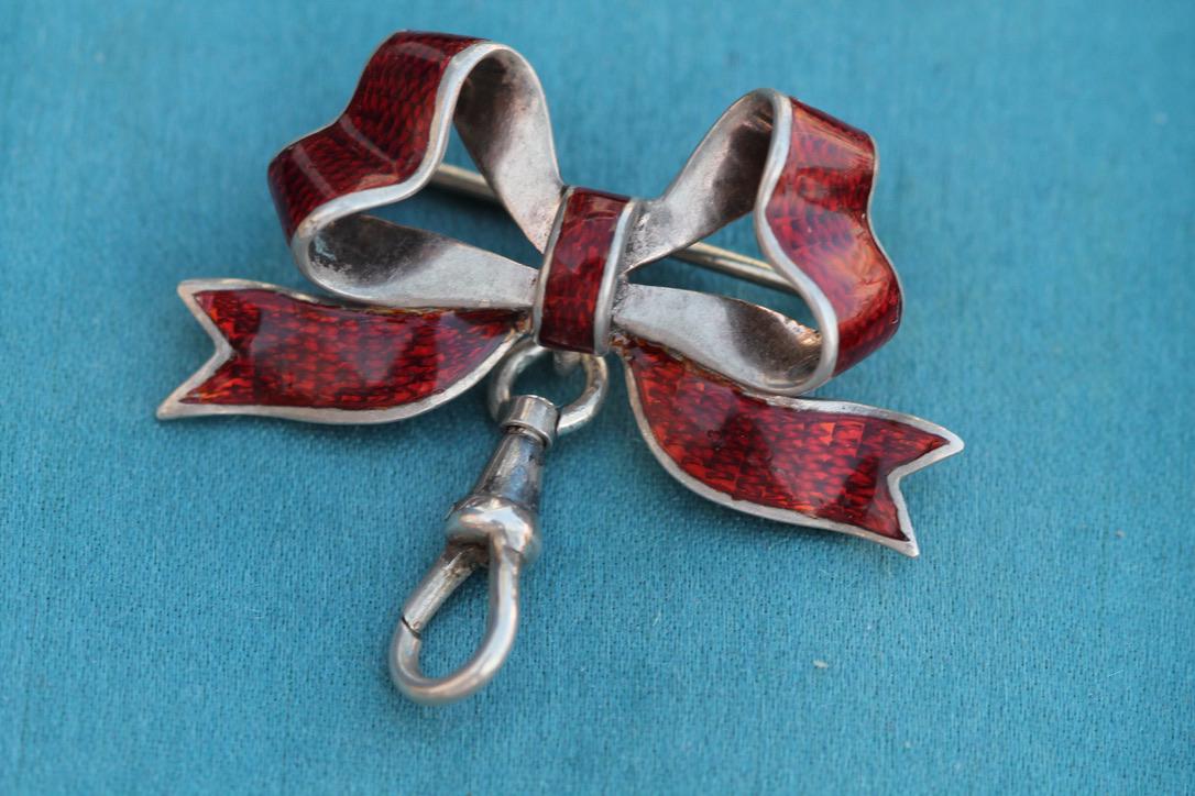 Antique Silver Enamel Bow Brooch, 1880