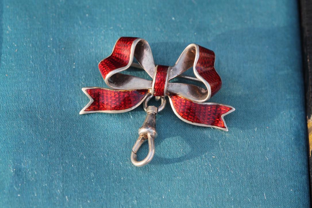 Antique Silver Enamel Bow Brooch, 1880
