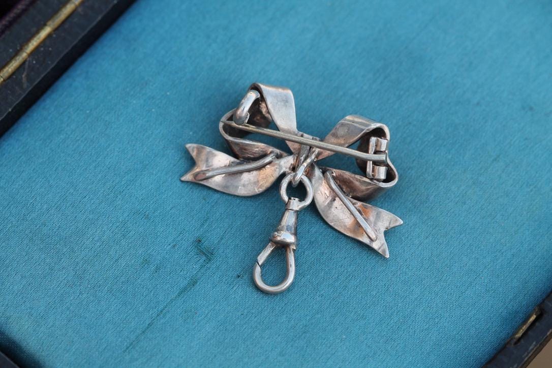 Antique Silver Enamel Bow Brooch, 1880