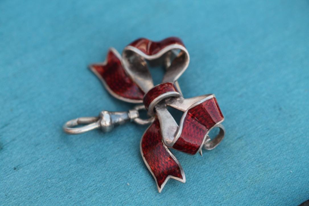 Antique Silver Enamel Bow Brooch, 1880