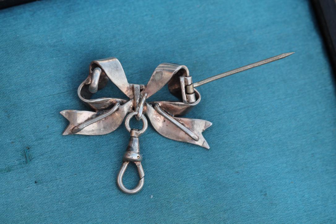 Antique Silver Enamel Bow Brooch, 1880