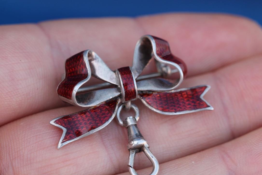 Antique Silver Enamel Bow Brooch, 1880