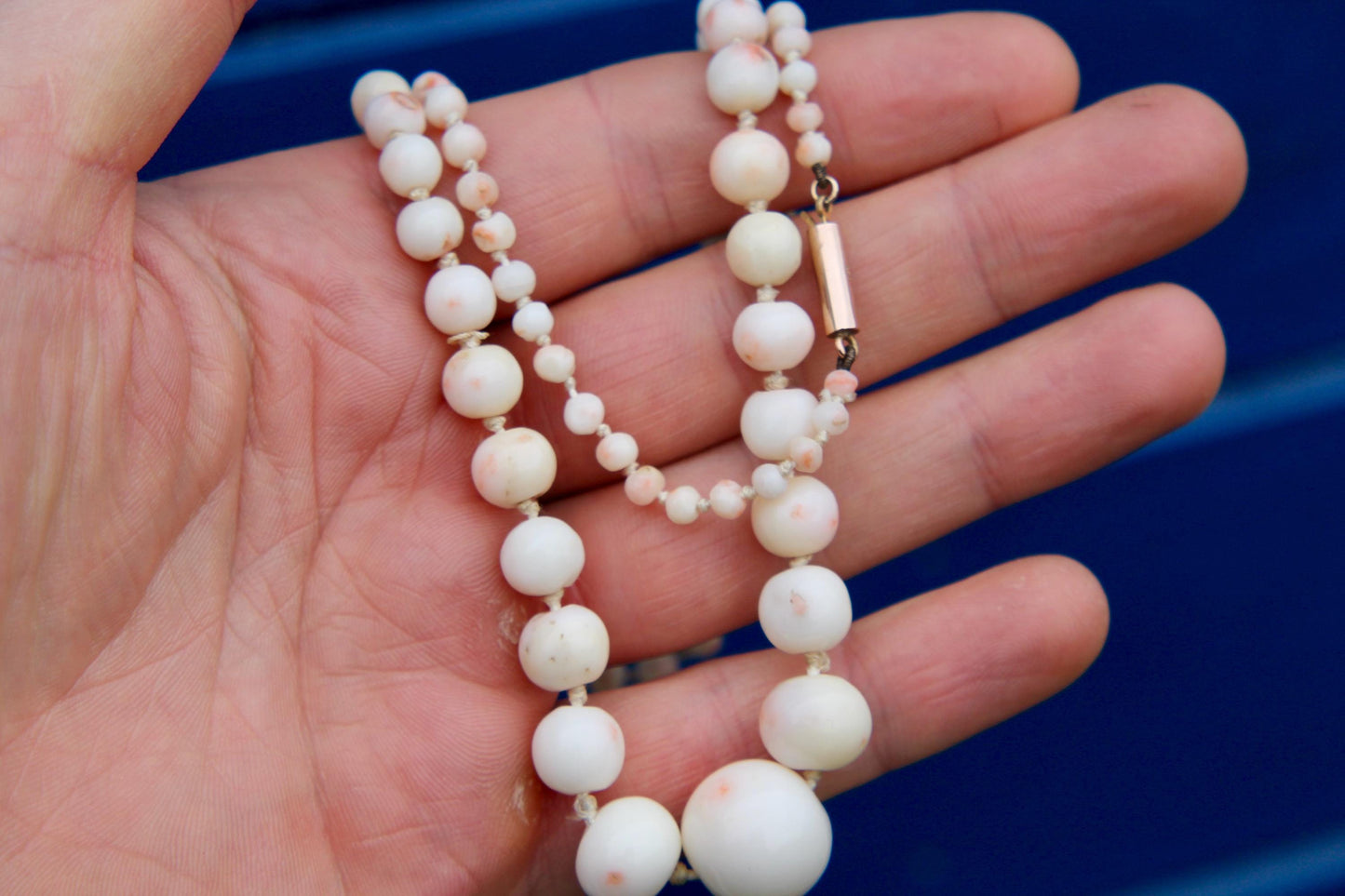 Antique 9ct Gold Angel Skin Coral Beaded Necklace, 23.5"