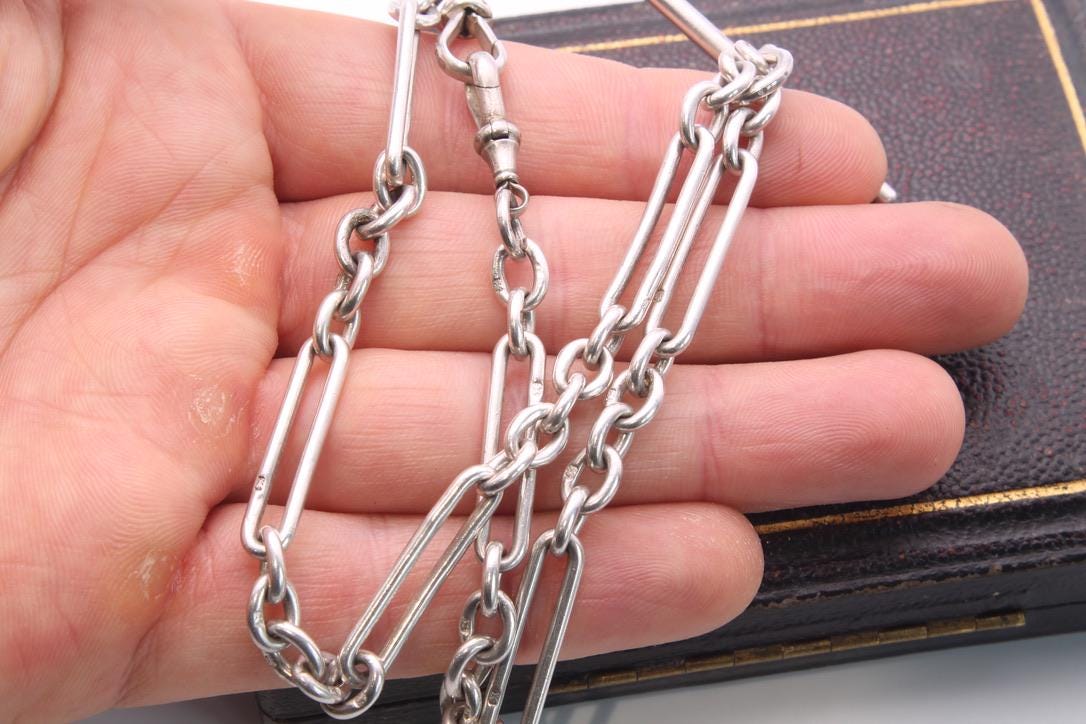 Antique Sterling Silver Trombone Link Necklace Chain, 14.25"