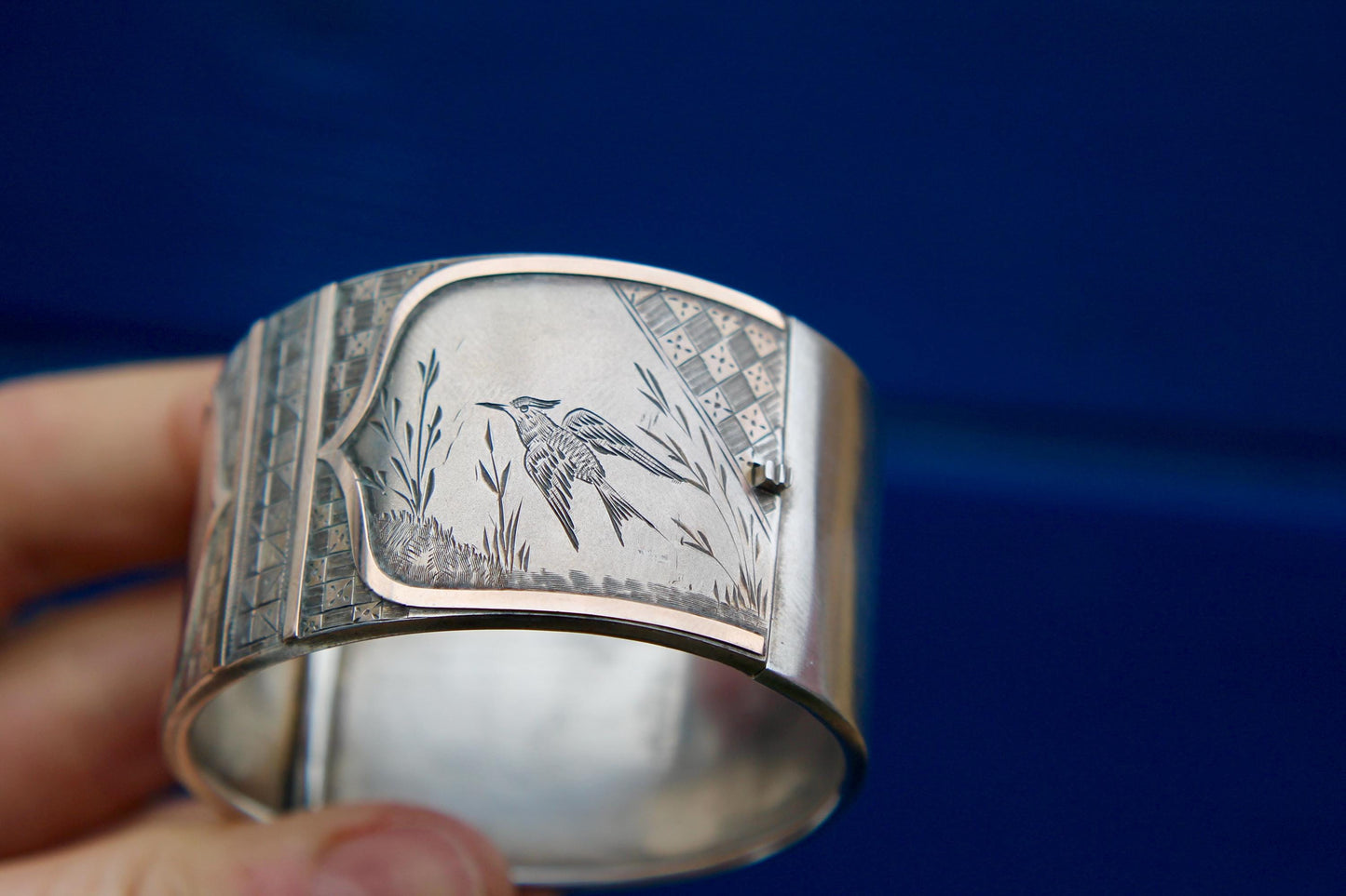 Antique Sterling Silver 9ct Gold Bird Scene Chased Bangle, 6.75"