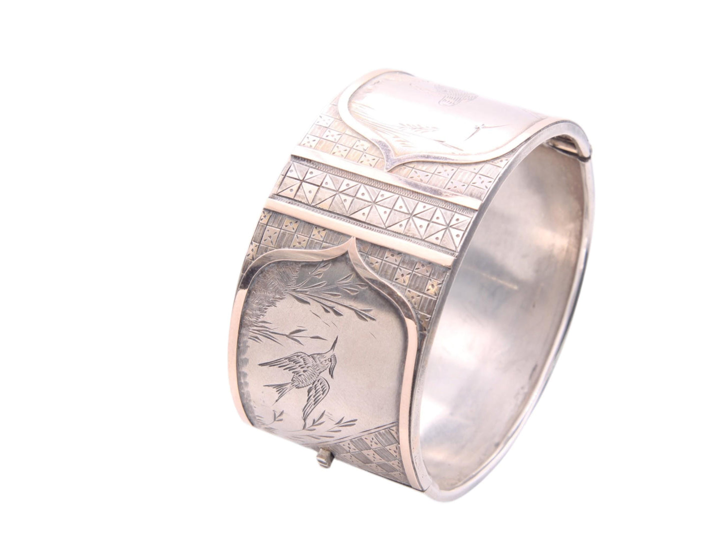Antique Sterling Silver 9ct Gold Bird Scene Chased Bangle, 6.75"