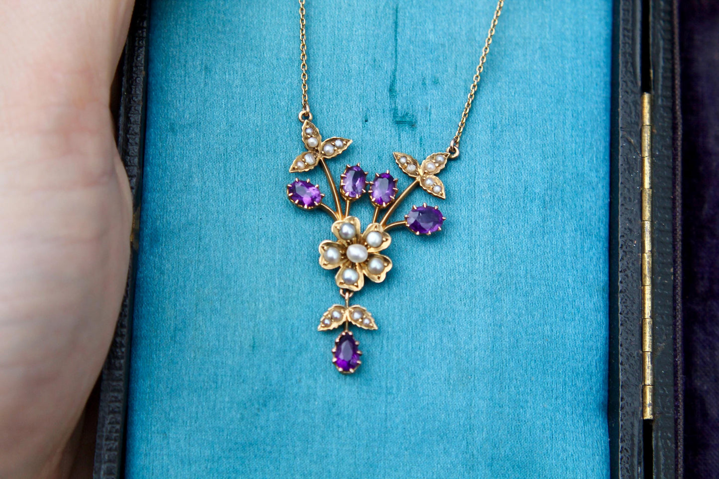 Antique 15ct Gold Amethyst Pearl Flower Pendant Necklace, 16.5"
