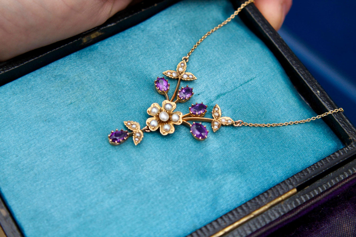 Antique 15ct Gold Amethyst Pearl Flower Pendant Necklace, 16.5"