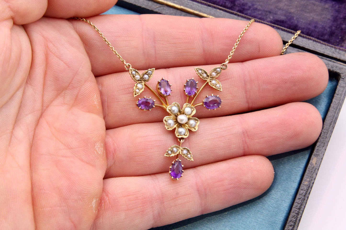 Antique 15ct Gold Amethyst Pearl Flower Pendant Necklace, 16.5"