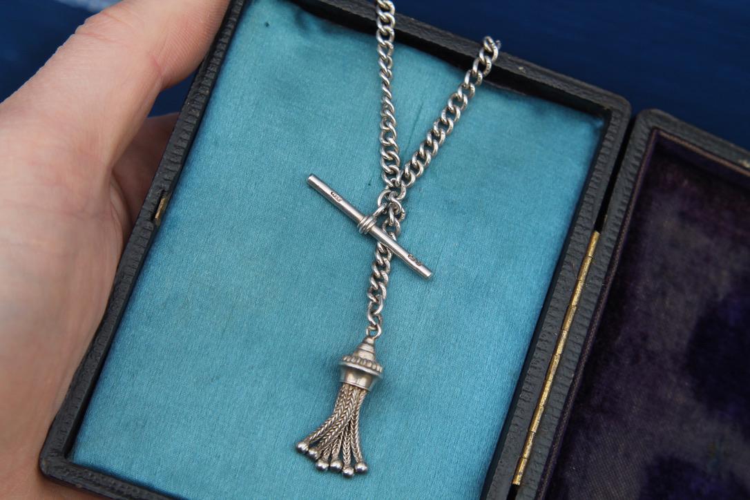 Antique Sterling Silver Tassel Pendant Chain Necklace, 13.75"