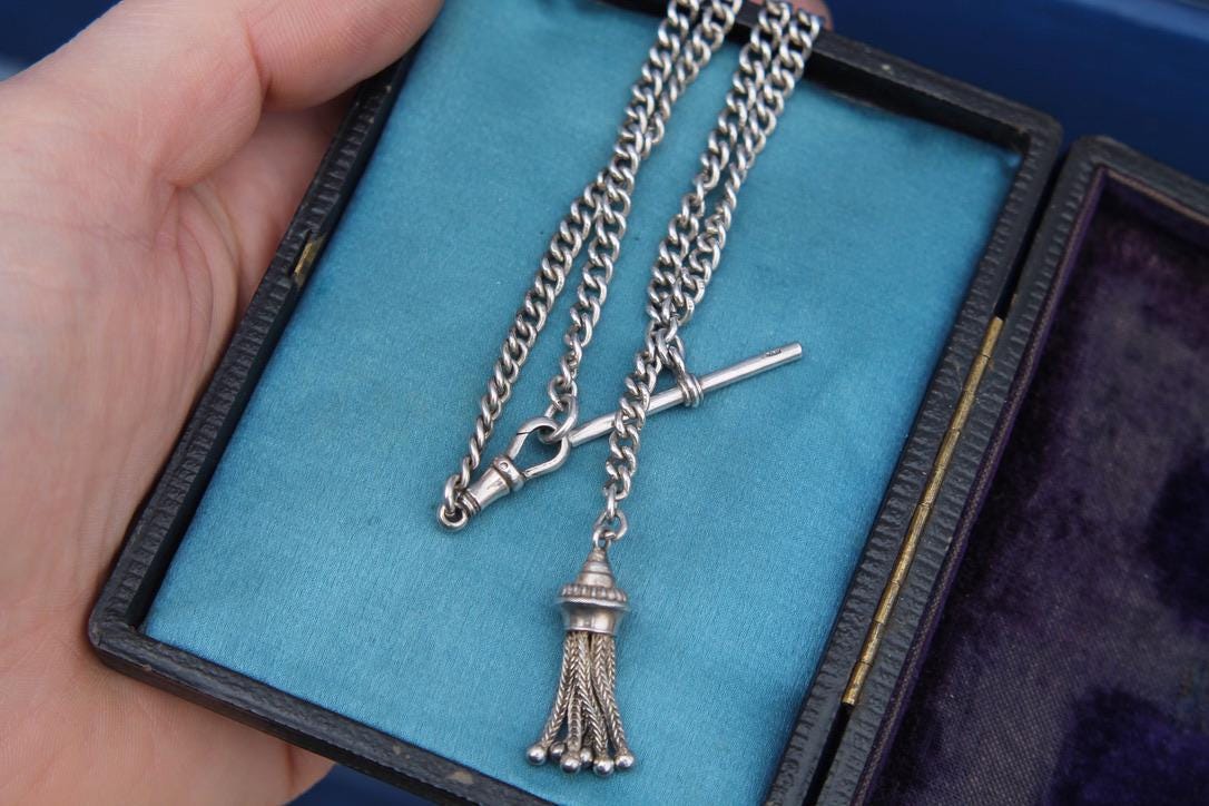 Antique Sterling Silver Tassel Pendant Chain Necklace, 13.75"