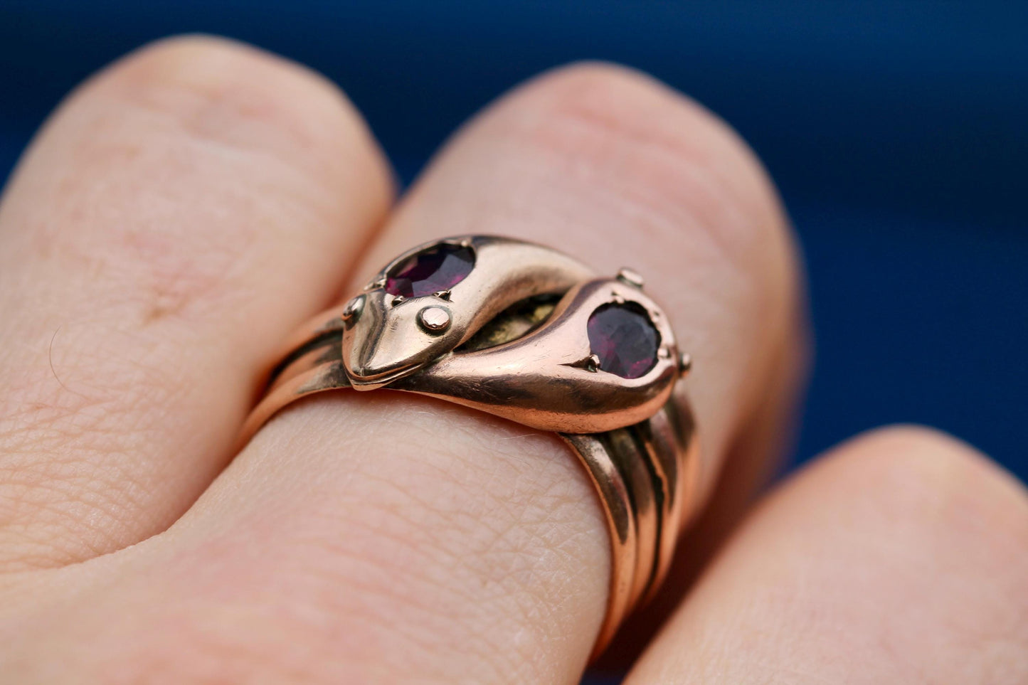 Antique 9ct Rose Gold Double Snake Head Garnet Ring, 1920