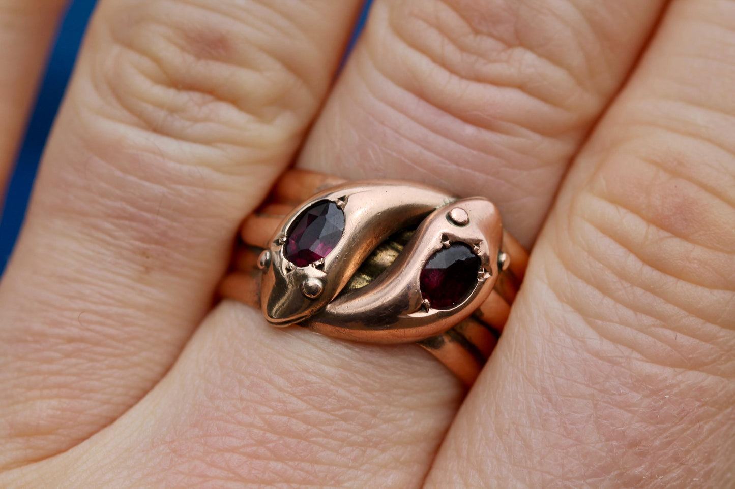 Antique 9ct Rose Gold Double Snake Head Garnet Ring, 1920