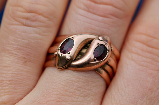Antique 9ct Rose Gold Double Snake Head Garnet Ring, 1920