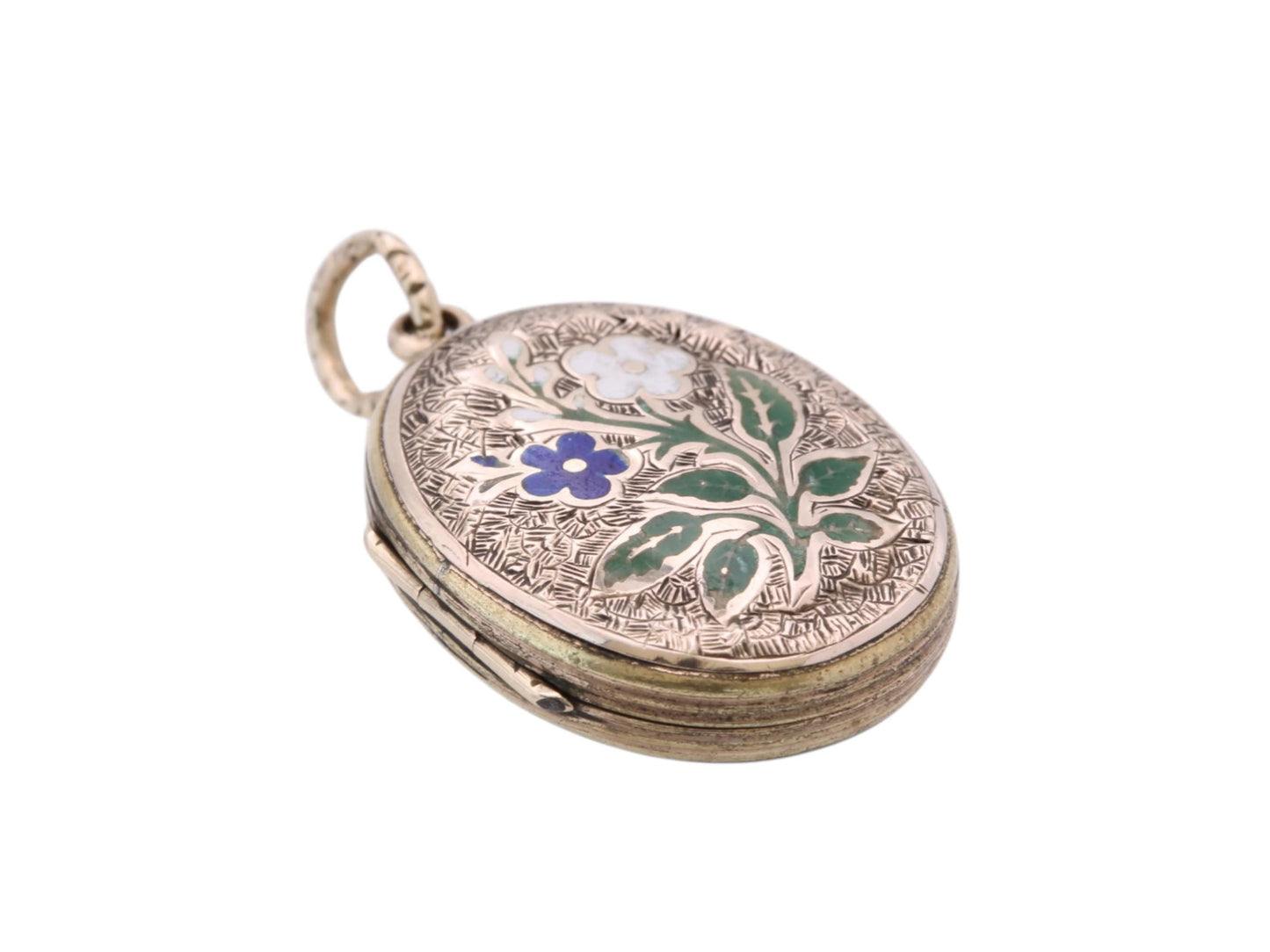Antique 9ct Gold Chased Enamel Forget Me Not Locket, c.1860