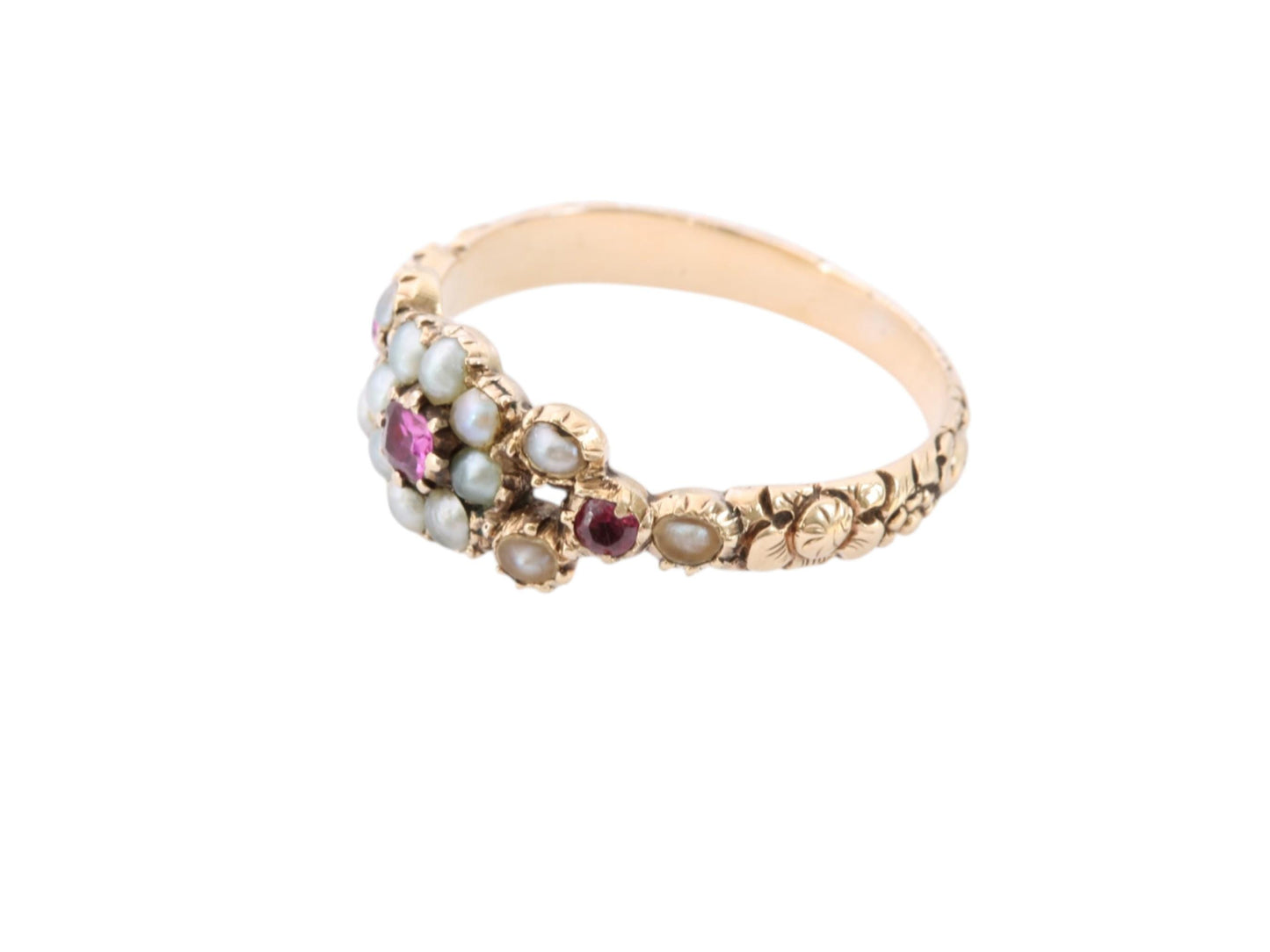 Antique Georgian 18ct Gold Floral Chased Ruby & Pearl Ring, c.1830