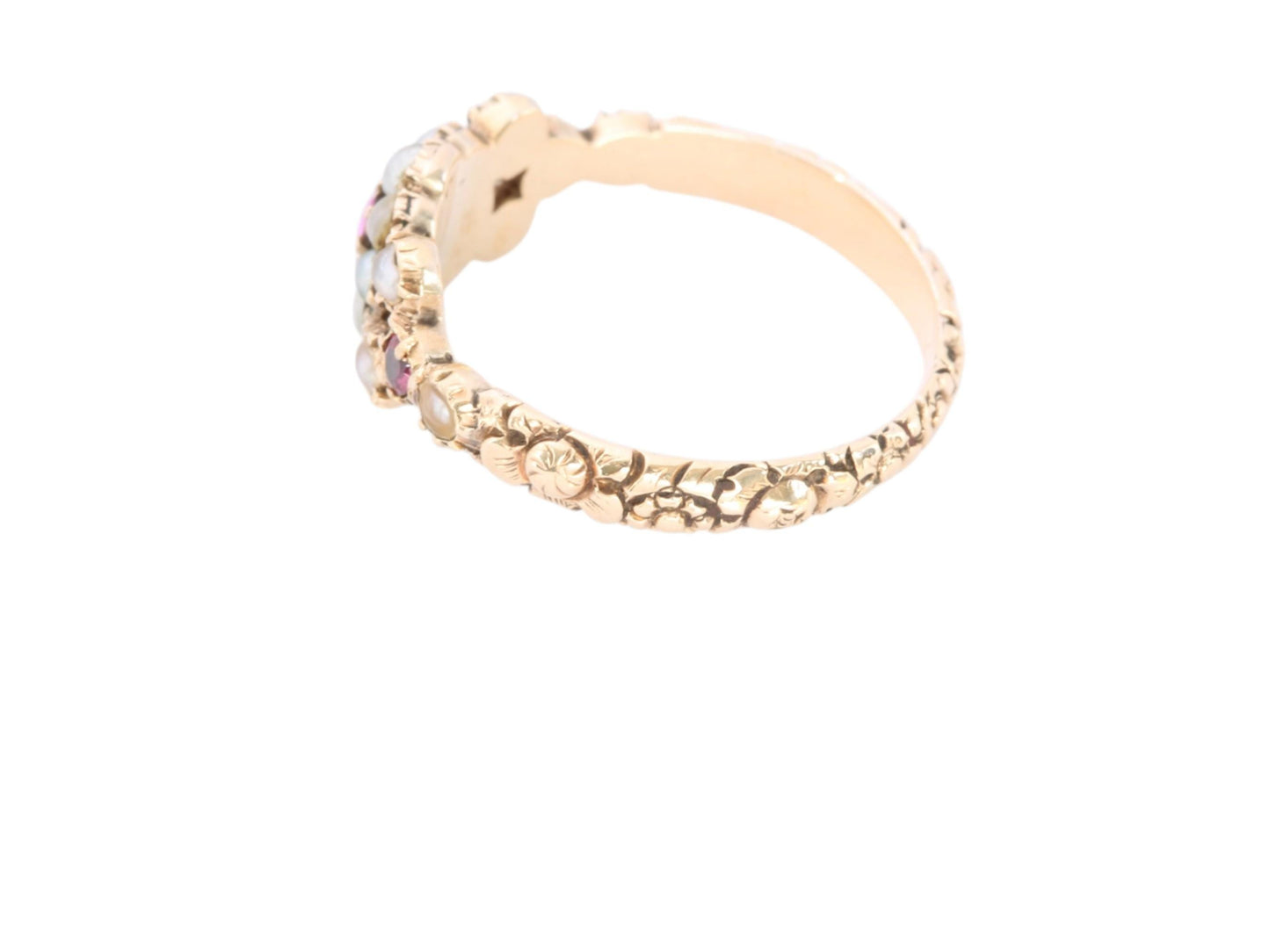 Antique Georgian 18ct Gold Floral Chased Ruby & Pearl Ring, c.1830