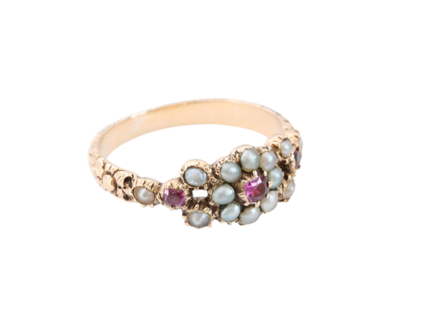 Antique Georgian 18ct Gold Floral Chased Ruby & Pearl Ring, c.1830