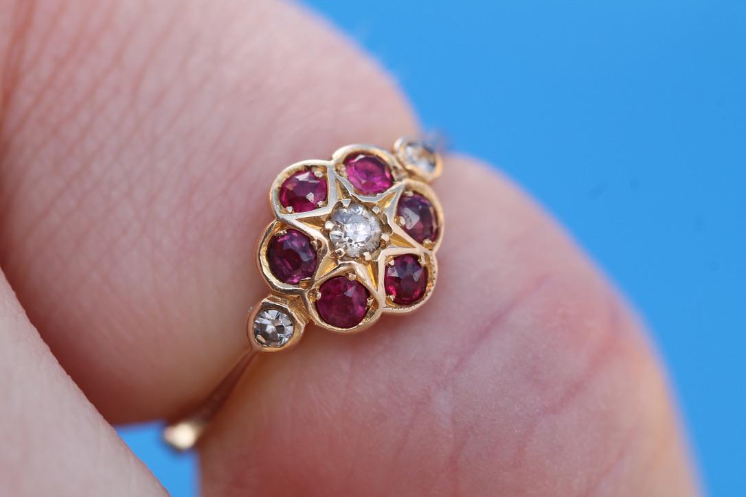 RESERVED Antique 18ct Gold Diamond Ruby Cluster Ring