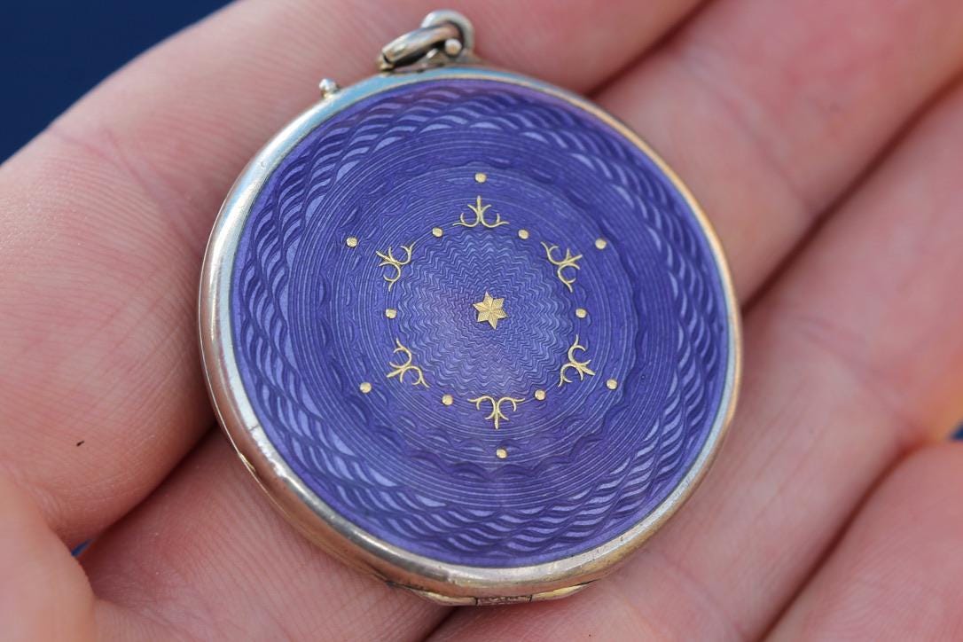 Antique Art Deco Sterling Silver Purple Guilloche Enamel Locket