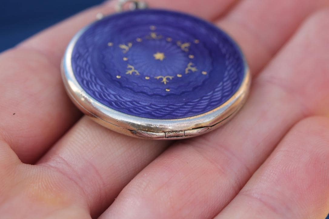 Antique Art Deco Sterling Silver Purple Guilloche Enamel Locket