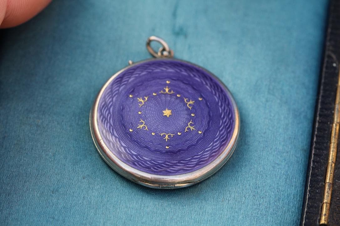 Antique Art Deco Sterling Silver Purple Guilloche Enamel Locket