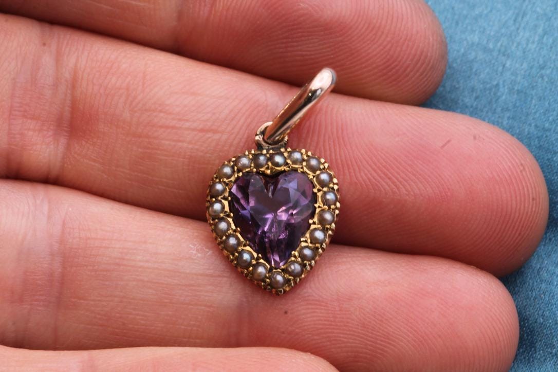 Antique 9ct Gold Amethyst Heart Pearl Pendant, 1.2ct