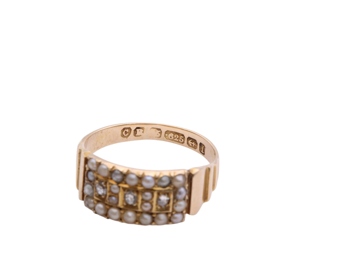 Antique 15ct Gold Diamond & Seed Pearl Ring, 1885