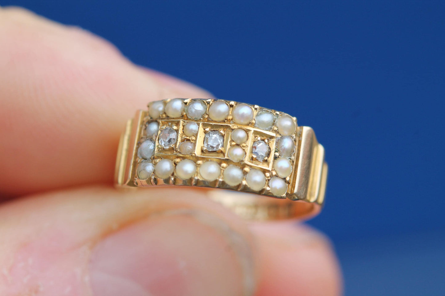 Antique 15ct Gold Diamond & Seed Pearl Ring, 1885