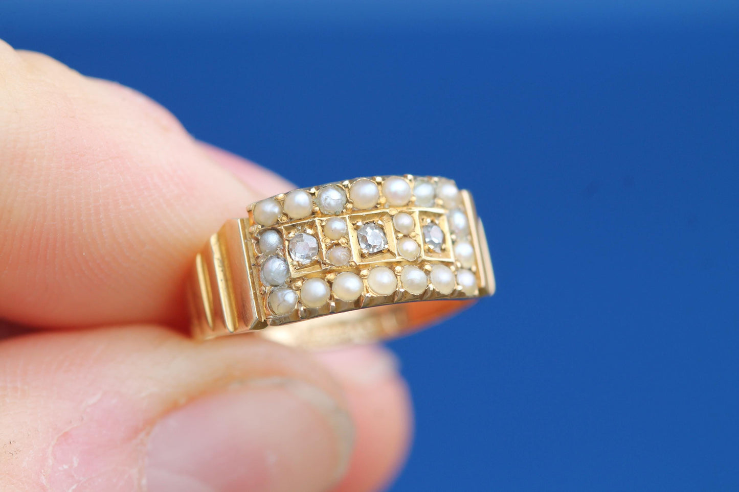 Antique 15ct Gold Diamond & Seed Pearl Ring, 1885